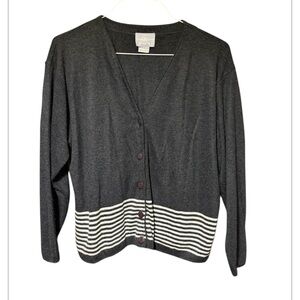 Jacqueline Smith Vintage Button-Up Cardigan Sweater Size M Gray with Striped Hem